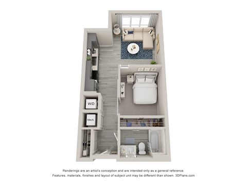 Floor plan for studio, 1 bath, 586 sqft